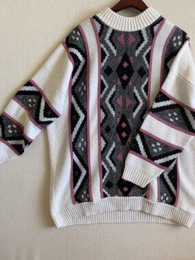 Vintage 80s 90s Private Eyes Knit Sweater White Size Large Made in USA Oversized